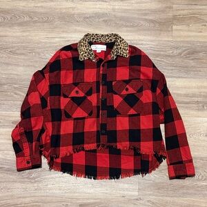 Vintage Havana Red & Black Buffalo Plaid Shirt Jacket with Leopard Collar